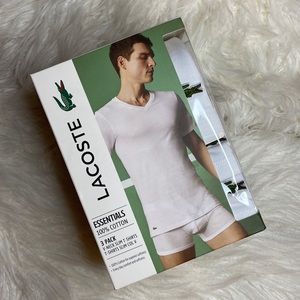 NEW Lacoste 3 Pack White V Neck Slim T Shirts - 100% cotto